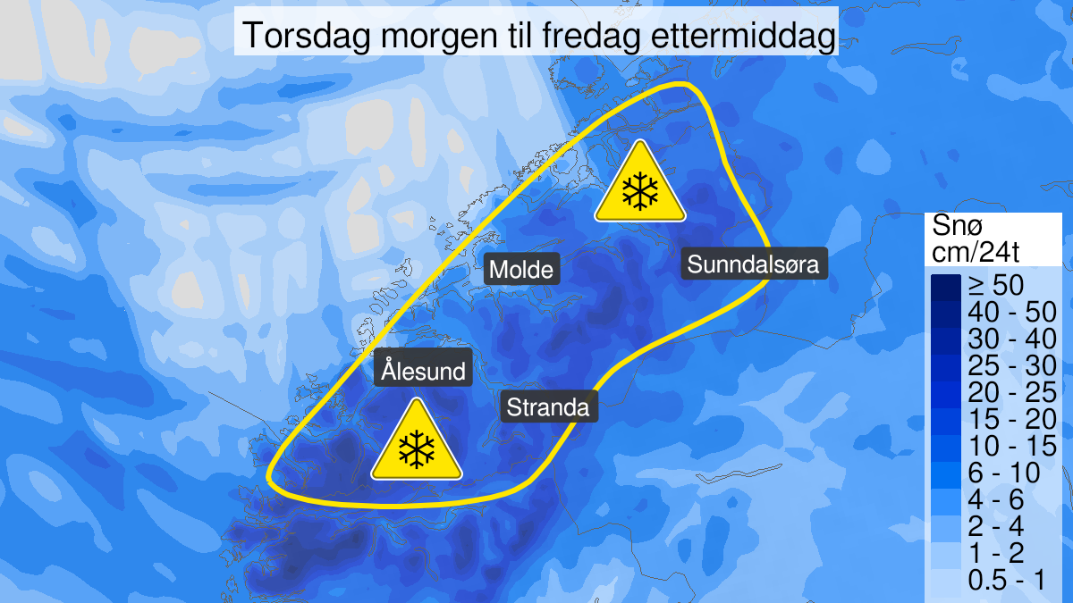 Kart over Snø, gult nivå, Deler av Møre og Romsdal, 2023-12-21T05:00:00+00:00, 2023-12-22T12:00:00+00:00
