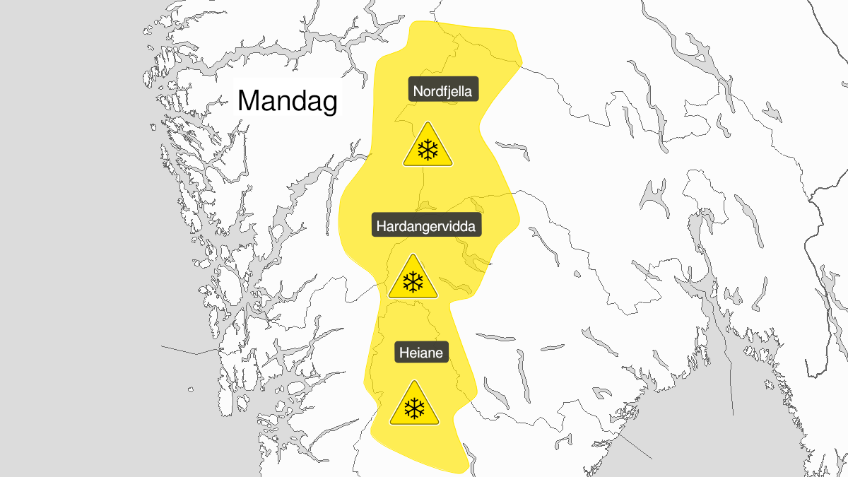 Map of blowing snow, yellow level, Langfjella, 14 December 00:00 UTC to 14 December 19:00 UTC.