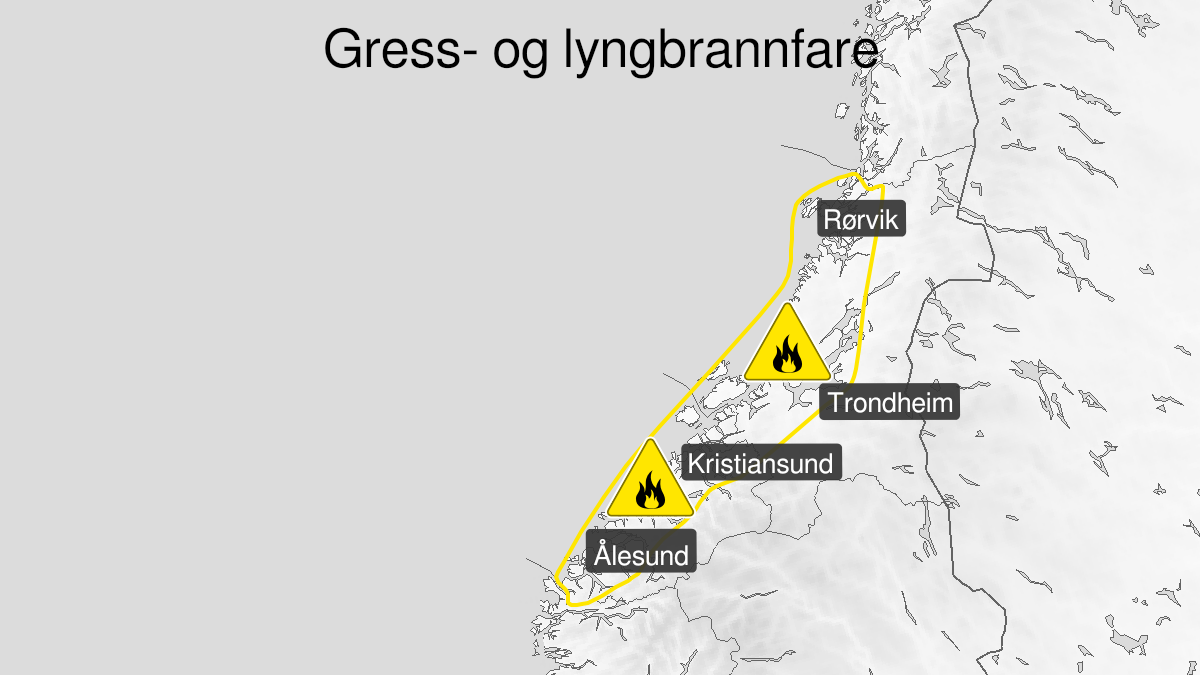 Kart over Skogbrannfare ventes, gult nivå, Ytre strøk av Møre og Romsdal og Trøndelag, 2022-11-22T11:00:00+00:00, 2022-11-24T18:00:00+00:00