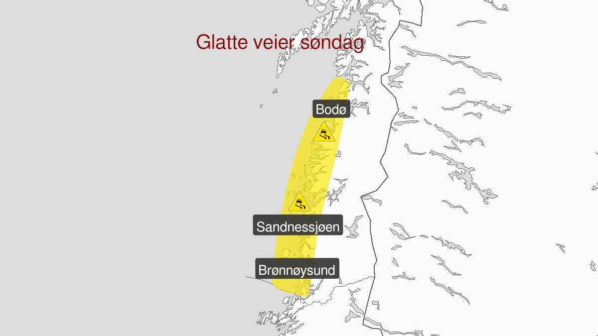 Kart over Is, gult nivå, Ytre strøk av Nordland, 2024-01-07T10:00:00+00:00, 2024-01-07T22:00:00+00:00