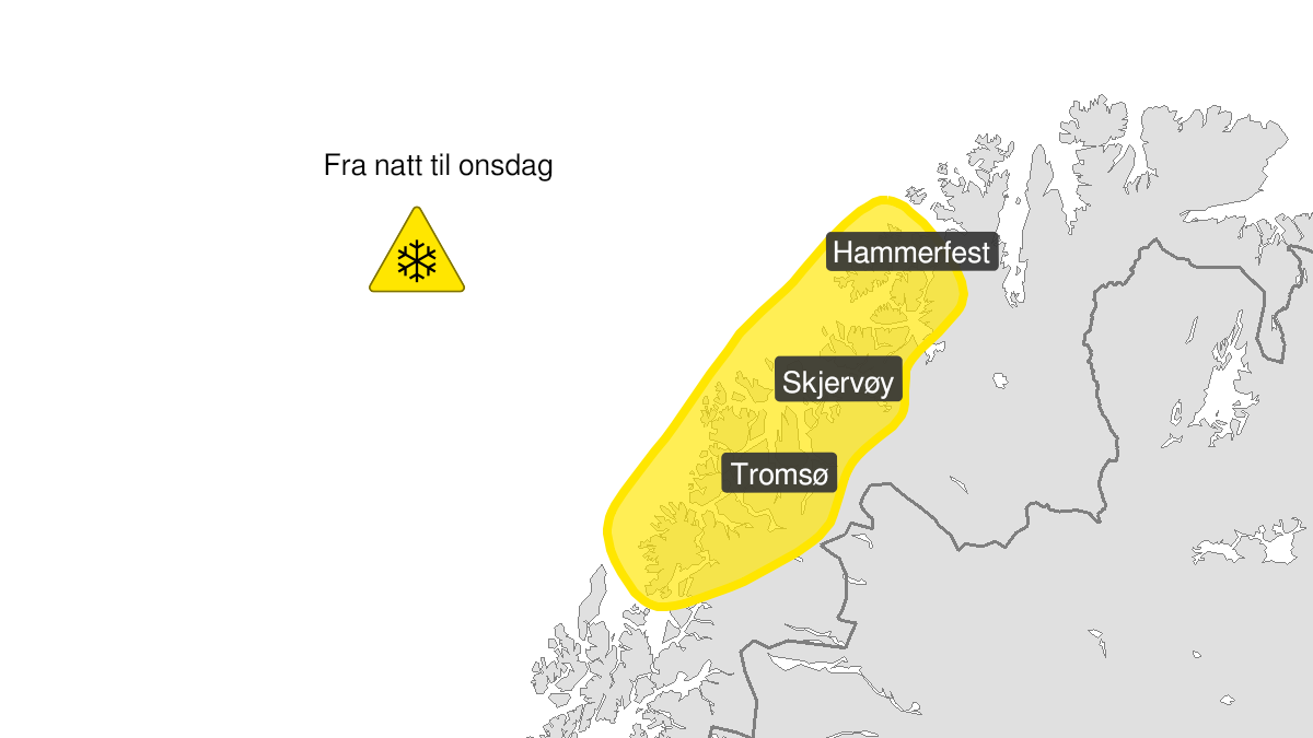 Map over Blowing snow, yellow level, Parts of Troms and Finnmark, 2024-04-02T22:00:00+00:00, 2024-04-03T08:00:00+00:00