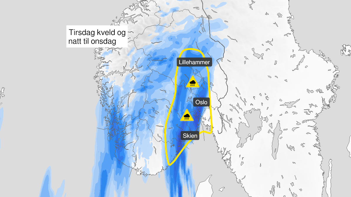 Map over Downgraded alert warning for rain flood, Parts of East-Norway