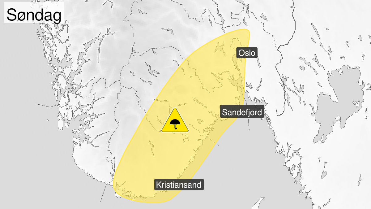 Map of heavy rain, yellow level, Oslo, Akershus, Buskerud, Vestfold, Telemark and Agder, 26 December 18:00 UTC to 27 December 18:00 UTC.