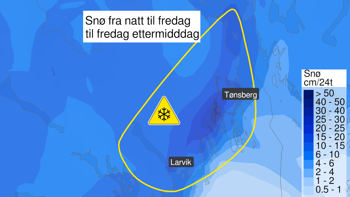Kart over snø, gult nivå, Vestfold, 07 January 00:00 UTC til 07 January 18:00 UTC.