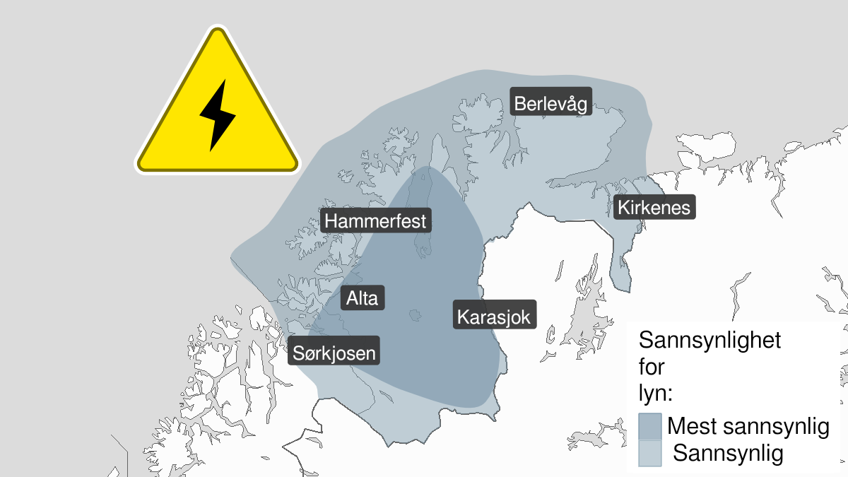Kart over Mye lyn, gult nivå, Nord-Troms og Finnmark, 2024-06-29T12:00:00+00:00, 2024-06-29T23:00:00+00:00