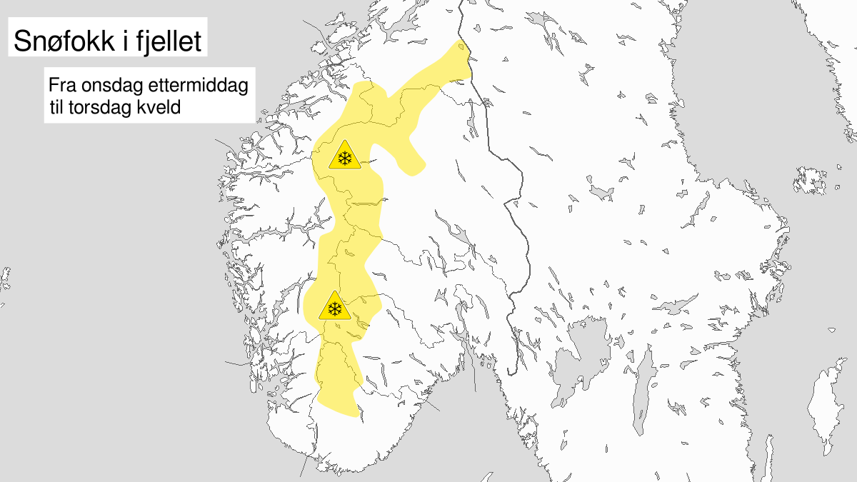 Kart over kraftig snøfokk, gult nivå, Fjellet i Sør-Norge, 01 April 12:00 UTC til 03 April 05:00 UTC.