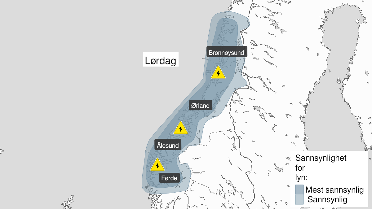 Kart over Mye lyn pågår, gult nivå, Deler av Sogn og Fjordane, Møre og Romsdal, Trøndelag og Nordland, 2024-02-03T10:00:00+00:00, 2024-02-03T22:00:00+00:00