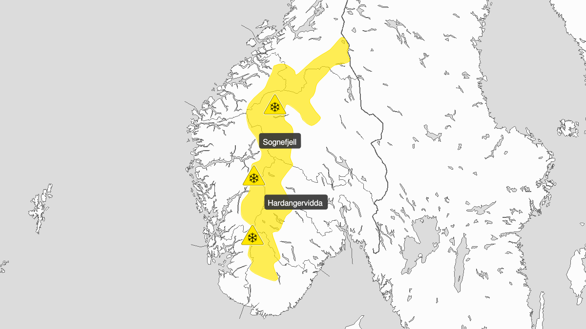 Kart over kraftig snøfokk, gult nivå, Fjellet i Sør-Norge, 22 November 09:00 UTC til 22 November 23:00 UTC.
