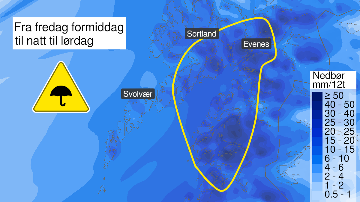Kart over Mye regn, gult nivå, Nordlige deler av Nordland, 2023-01-27T09:00:00+00:00, 2023-01-28T00:00:00+00:00