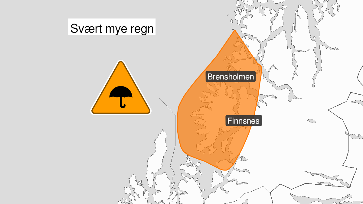 Map over Very heavy rain, orange level, Outer parts of Troms south of Tromsø, 2022-07-15T08:00:00+00:00, 2022-07-15T16:00:00+00:00