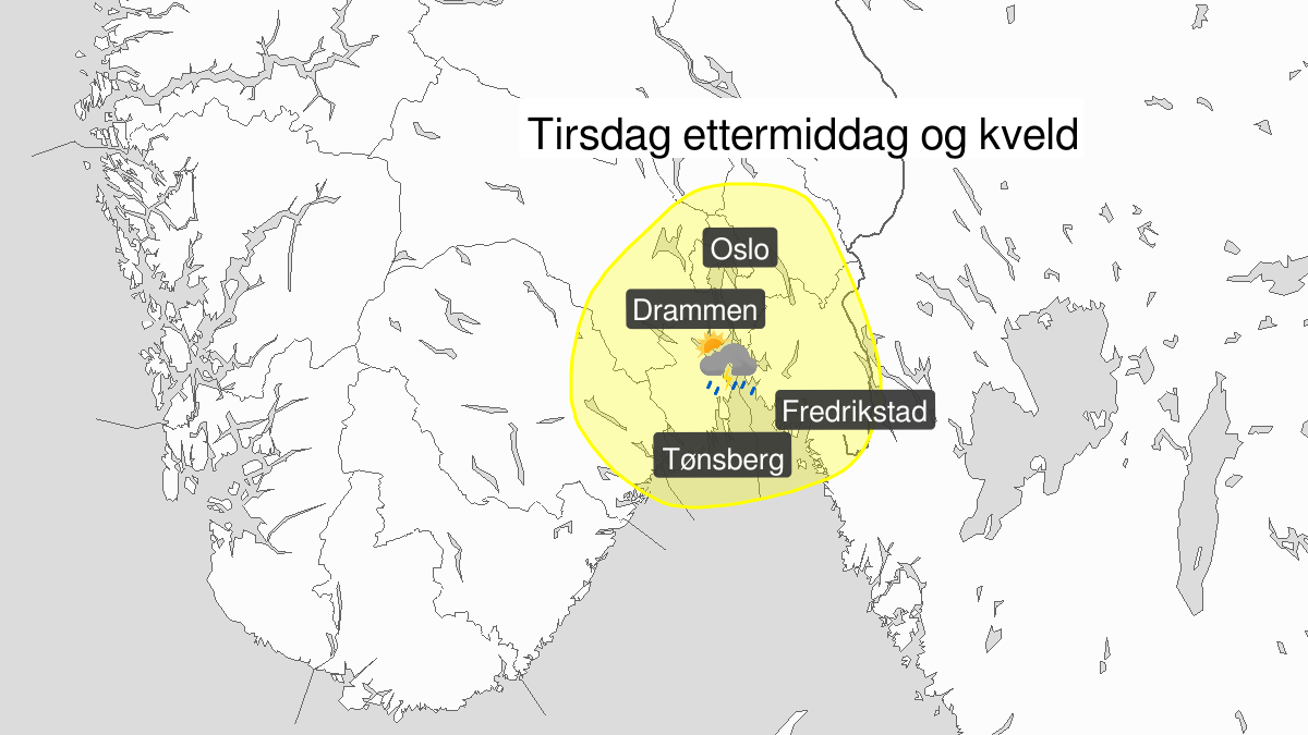 Kraftige regnbyger, gult nivå, Telemark, Vestfold, Østfold, Oslo, Akershus og Buskerud, 06 August 12:00 UTC til 06 August 18:00 UTC.