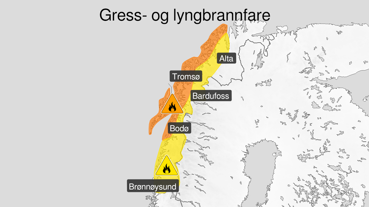 Kart over Stor skogbrannfare, oransje nivå, Nordlige Nordland, og ytre deler av Troms og Vest-Finnmark, 2023-07-31T09:00:00+00:00, 2023-08-03T00:00:00+00:00