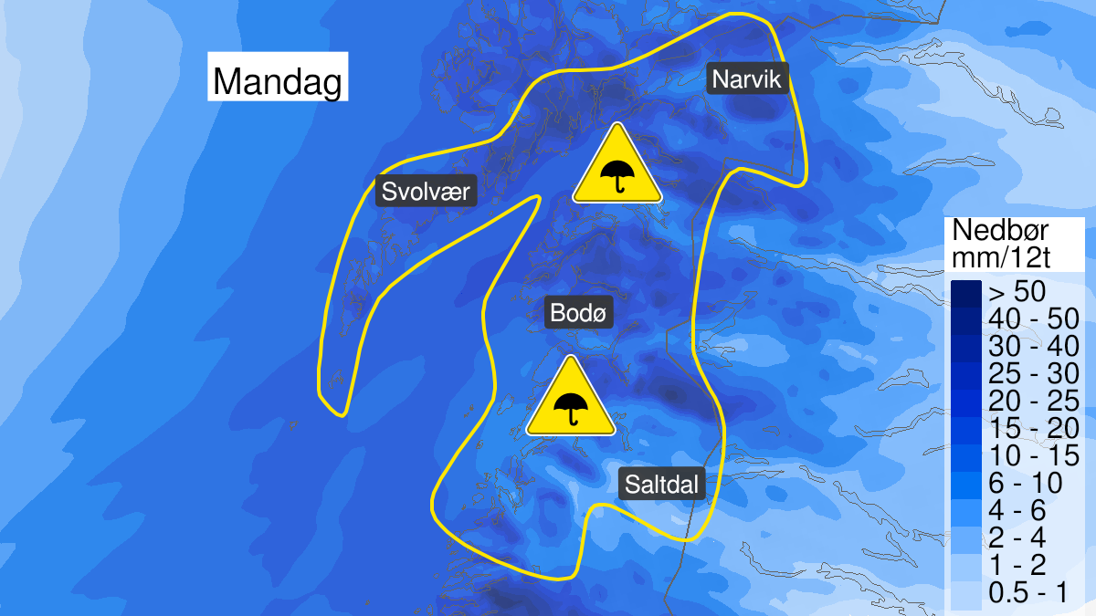 Kart over mye regn, gult nivå, Salten, Ofoten og Lofoten, 14 November 23:00 UTC til 15 November 17:00 UTC.