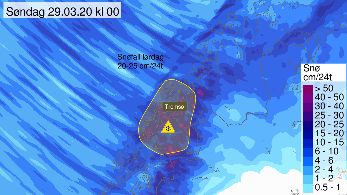 Map of heavy snow ongoing, yellow level, Troms, 28 March 12:00 UTC to 29 March 23:00 UTC.