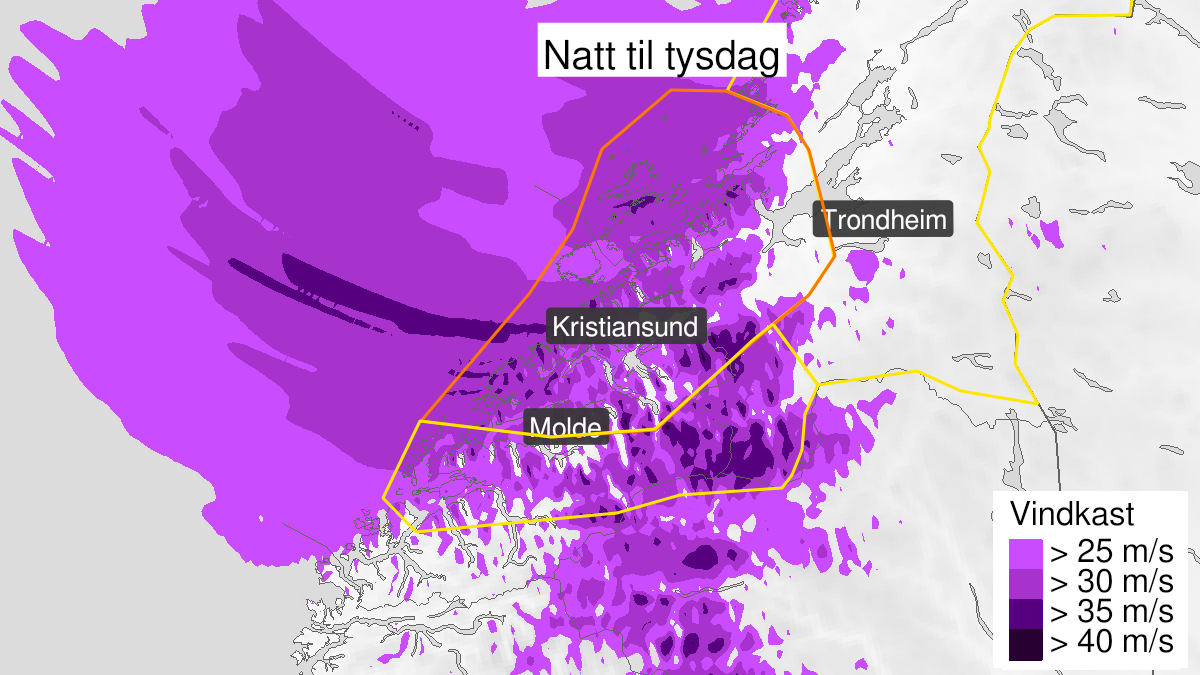 Kart over Svært kraftige vindkast, oransje nivå, Deler av Møre og Romsdal og Trøndelag, 2023-12-19T01:00:00+00:00, 2023-12-19T08:00:00+00:00