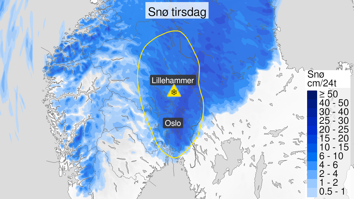 Kart over Snø, gult nivå, Deler av Østlandet, 2023-04-24T22:00:00+00:00, 2023-04-25T12:00:00+00:00