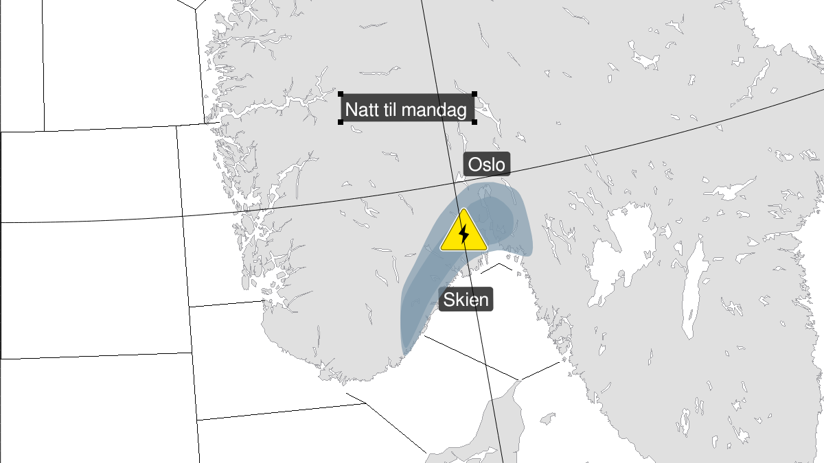 Map over Frequent lightning ongoing, yellow level, Parts of Agder and Østlandet., 2024-09-08T21:15:00+00:00, 2024-09-09T06:00:00+00:00