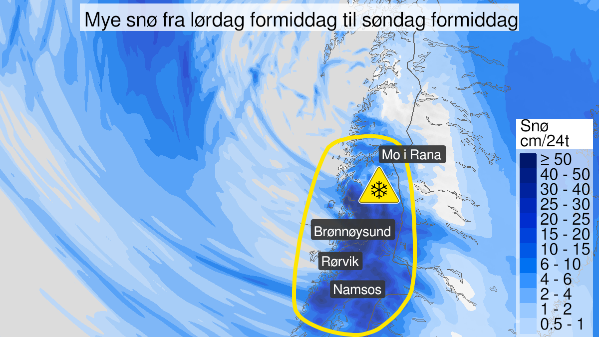 Kart over Snø, gult nivå, Helgeland og deler av Nord-Trøndelag, 2023-02-18T09:00:00+00:00, 2023-02-19T09:00:00+00:00