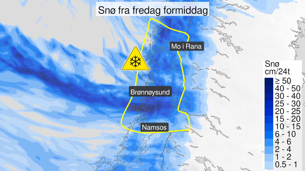 Map over Snow, yellow level, Namdalen and Helgeland, 2022-12-23T08:00:00+00:00, 2022-12-25T09:00:00+00:00