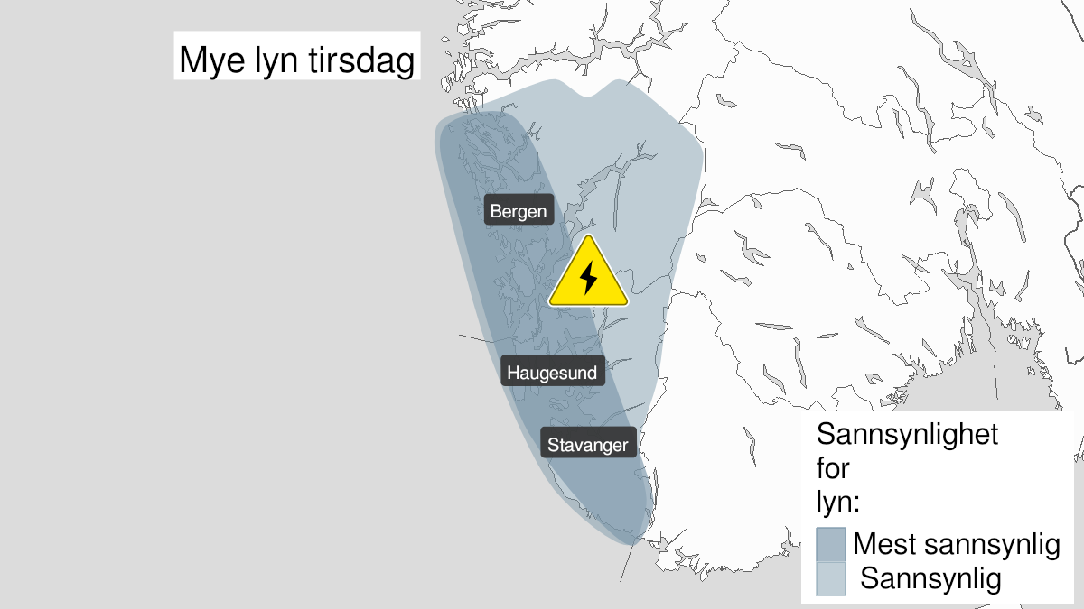 Kart over Mye lyn pågår, gult nivå, Rogaland og Hordaland, 2022-08-16T02:00:00+00:00, 2022-08-17T00:00:00+00:00