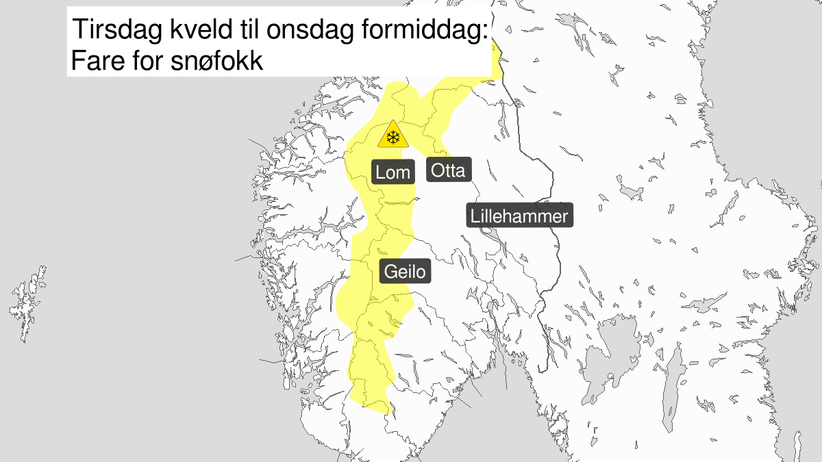Kraftig snøfokk, gult nivå, Fjellet i Sør-Norge, 31 December 17:00 UTC til 01 January 11:00 UTC.