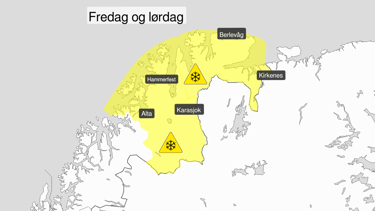 Map of blowing snow, yellow level, Finnmark, 24 April 12:00 UTC to 26 April 00:00 UTC.