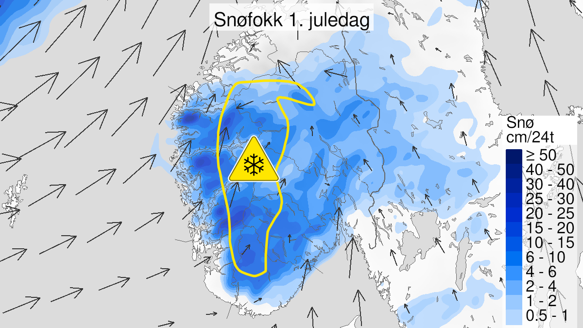 Map over Blowing snow, yellow level, Part of Fjellet i Sør-Norge, 2022-12-25T06:00:00+00:00, 2022-12-25T21:00:00+00:00