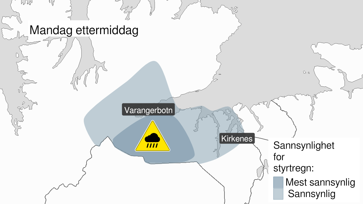 Kart over Styrtregn, gult nivå, Deler av Øst-Finnmark, 2024-06-24T11:00:00+00:00, 2024-06-24T16:00:00+00:00