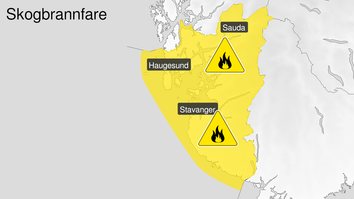 Map of forest fire danger, yellow level, Rogaland, 31 March 11:00 UTC to 03 April 08:00 UTC.