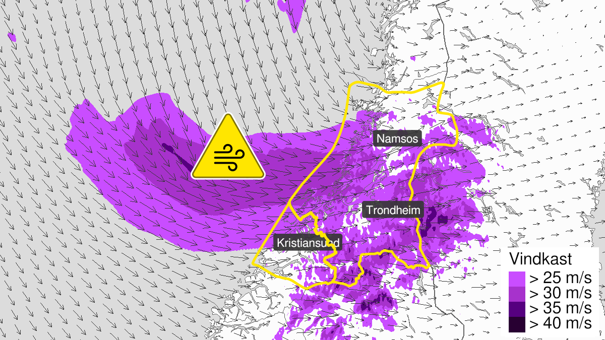 Kart over kraftige vindkast, gult nivå, Nordmøre og Trøndelag, 27 March 12:00 UTC til 28 March 08:00 UTC.