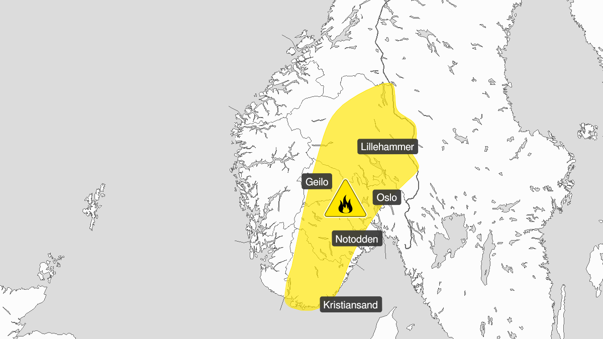 Map over Downgraded alert warning for forest fire danger, Parts of Agder and Østlandet
