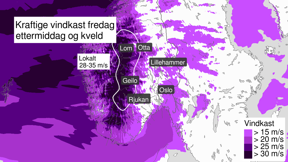 Kraftige vindkast, gult nivå, Telemark, Buskerud og Oppland, 03 January 12:00 UTC til 03 January 23:00 UTC.