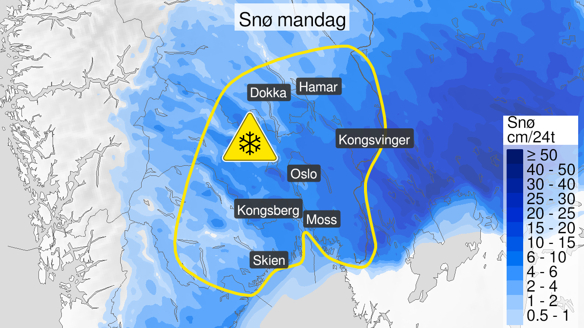 Map over Snow, yellow level, Parts of Østlandet and Sørlandet, 2023-10-30T00:00:00+00:00, 2023-10-31T00:00:00+00:00