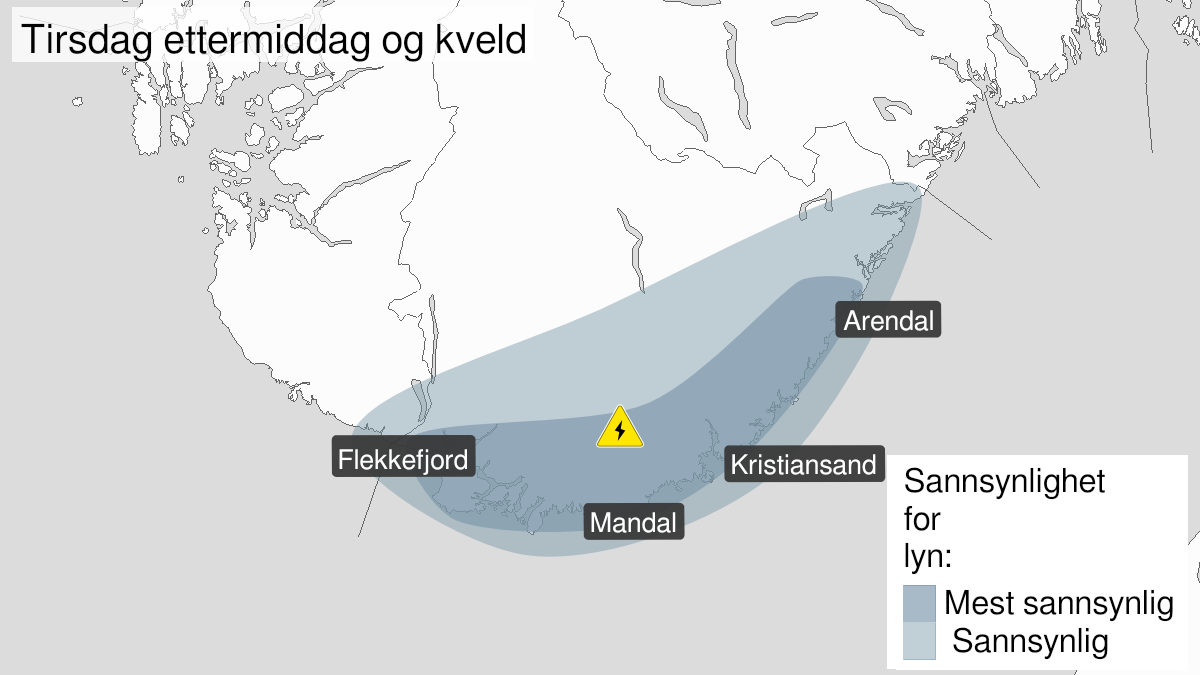 Kart over Mye lyn, gult nivå, Deler av Agder, 2024-08-13T12:00:00+00:00, 2024-08-13T17:50:00+00:00