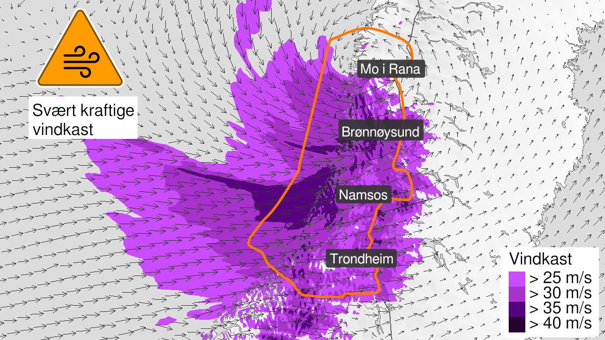 Kart over Svært kraftige vindkast, oransje nivå, Trøndelag og Helgeland, 2024-02-03T10:00:00+00:00, 2024-02-03T20:00:00+00:00