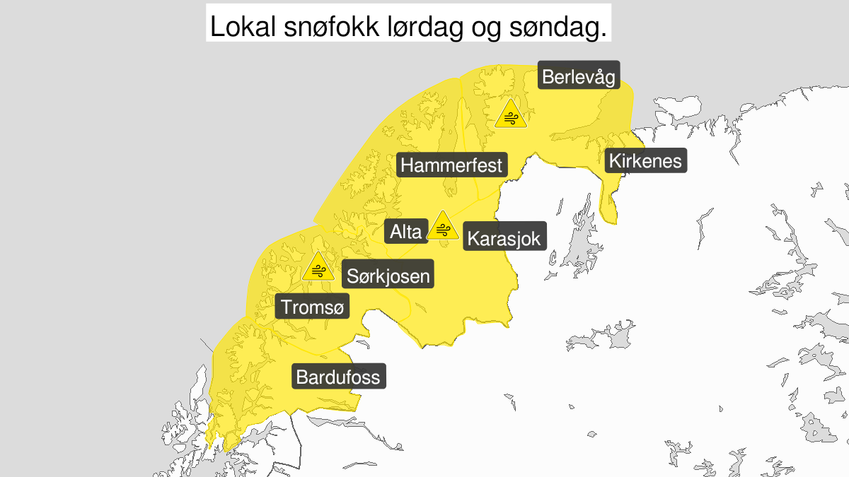 Kart over kraftig snøfokk, gult nivå, Troms og Finnmark, 07 May 12:00 UTC til 08 May 12:00 UTC.
