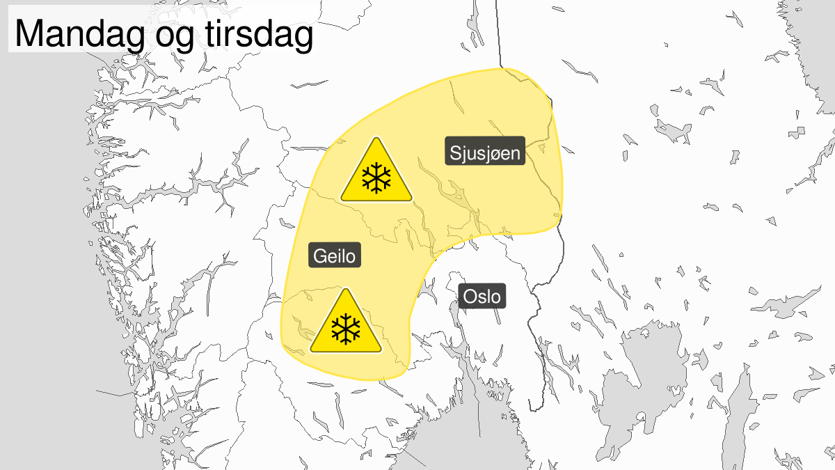 Kart over mye snø, gult nivå, Telemark, Buskerud, Oppland og Hedmark, 27 April 05:00 UTC til 28 April 12:00 UTC.