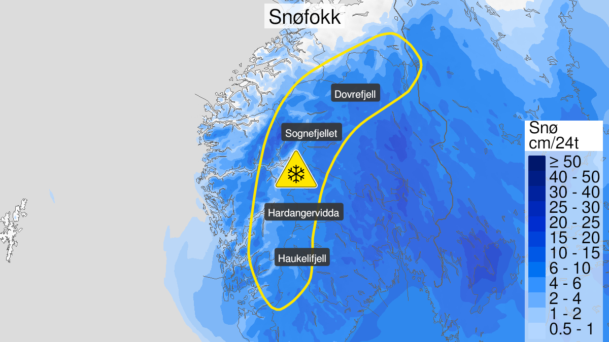 Kart over Kraftig snøfokk, gult nivå, Fjellet fra Trollheimen til svenskegrensen, 2024-02-12T18:00:00+00:00, 2024-02-13T15:00:00+00:00
