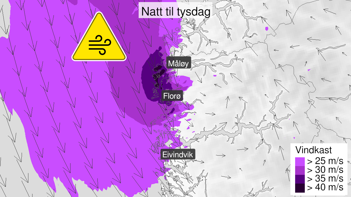 Kart over kraftige vindkast, gult nivå, Sogn og Fjordane, 29 November 22:00 UTC til 30 November 05:00 UTC.