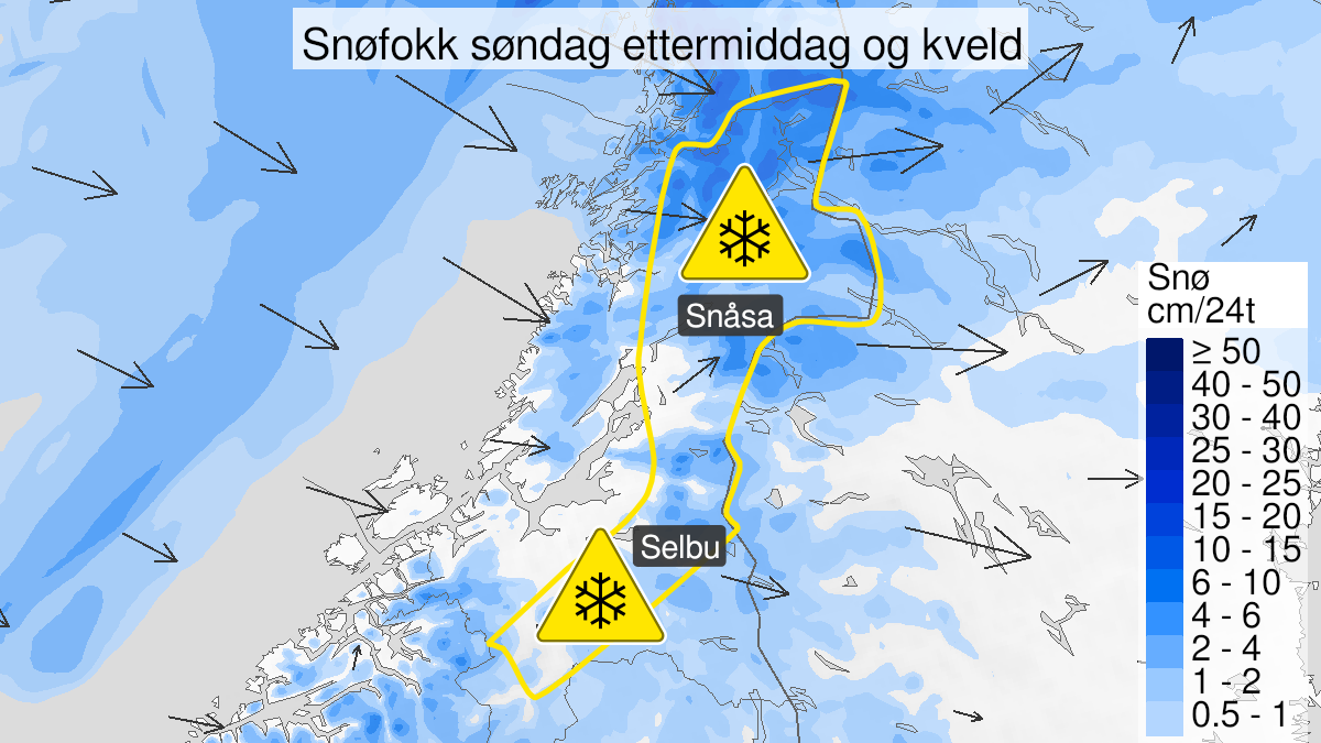 Map over Blowing snow, yellow level, Inner parts of Trøndelag, 2023-03-19T12:00:00+00:00, 2023-03-19T21:00:00+00:00