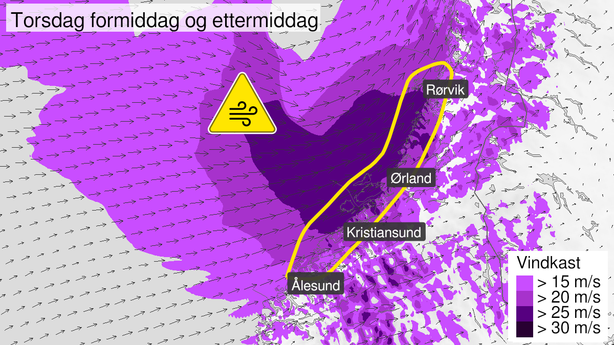 Kart over Kraftige vindkast pågår, gult nivå, Deler av kysten og ytre strøk av Møre og Romsdal og Trøndelag, 2024-06-20T07:00:00+00:00, 2024-06-20T16:00:00+00:00