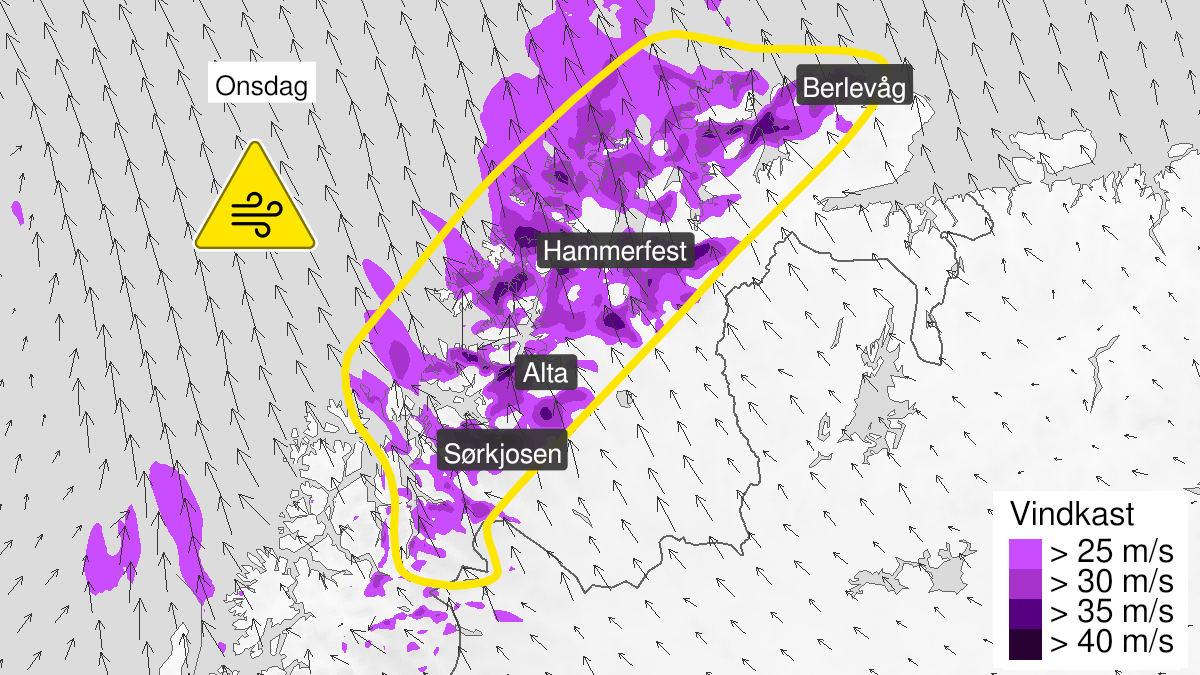 Kart over Mulighet for svært kraftige vindkast, gult nivå, Deler av Finnmark og Troms, 2023-11-22T05:00:00+00:00, 2023-11-22T19:00:00+00:00