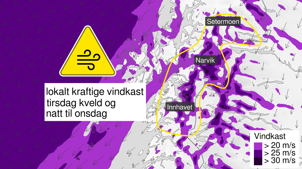 Kart over Kraftige vindkast, gult nivå, deler av Nord-Salten, Ofoten og Sør-Troms, 2023-09-19T16:00:00+00:00, 2023-09-20T06:00:00+00:00