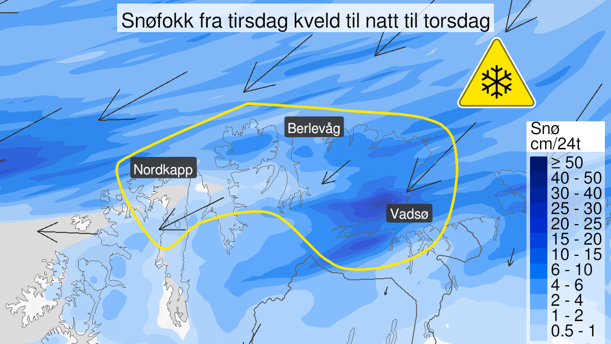 Map over Blowing snow, yellow level, Nothern parts of Eastern Finnmark, 2024-01-16T20:00:00+00:00, 2024-01-18T05:00:00+00:00