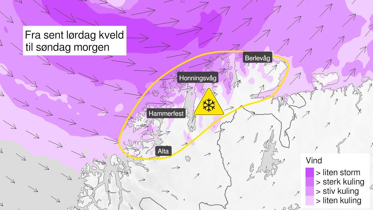 Kart over kraftig snøfokk, gult nivå, Kyst- og fjordstrøkene i Finnmark, 05 December 21:00 UTC til 06 December 09:00 UTC.