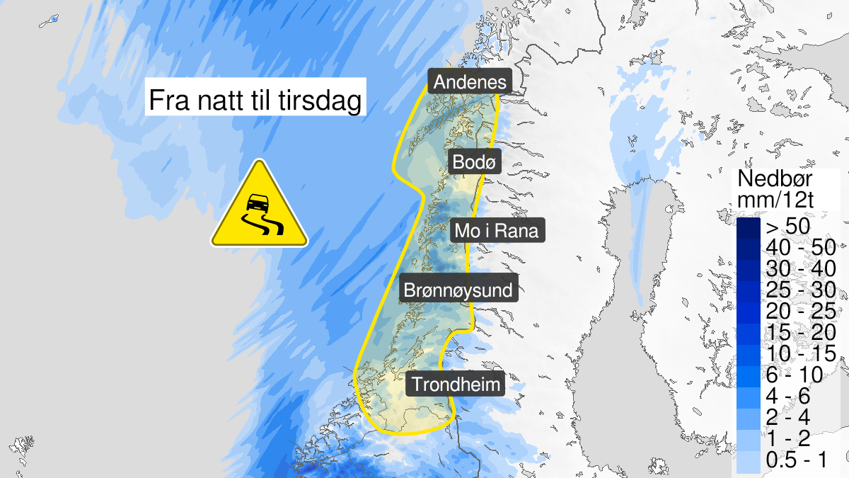 Map of ice, yellow level, Nordland and Troendelag, 11 January 01:00 UTC to 11 January 12:00 UTC.