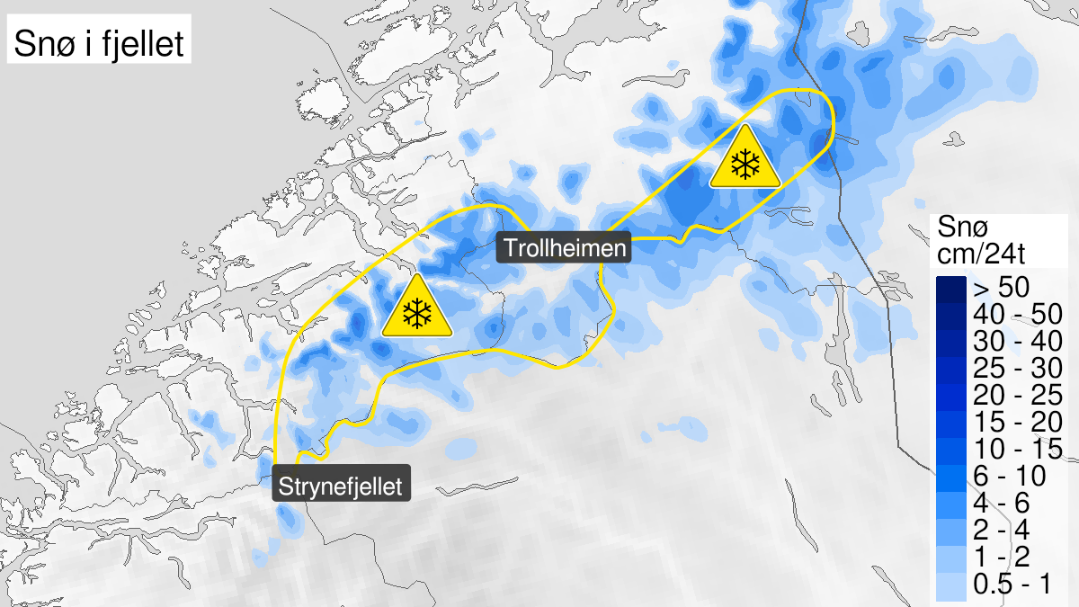 Kart over Snø, gult nivå, Deler av Møre og Romsdal og Trøndelag, 2022-10-18T10:00:00+00:00, 2022-10-19T06:00:00+00:00