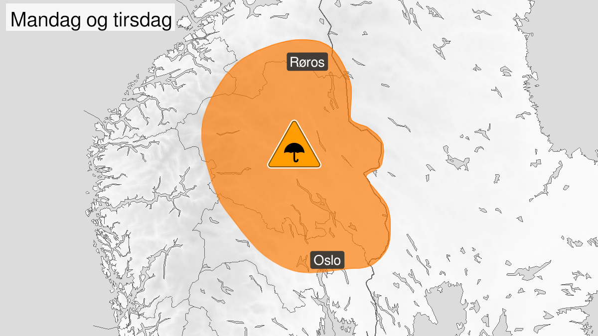 Kart over Svært mye regn, oransje nivå, Deler av Østlandet og Trøndelag, 2023-08-06T22:00:00+00:00, 2023-08-08T18:00:00+00:00