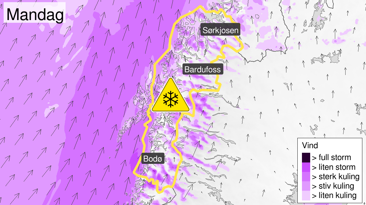 Map of blowing snow, yellow level, Saltfjellet, Salten, Ofoten and Troms, 23 March 15:00 UTC to 24 March 09:00 UTC.