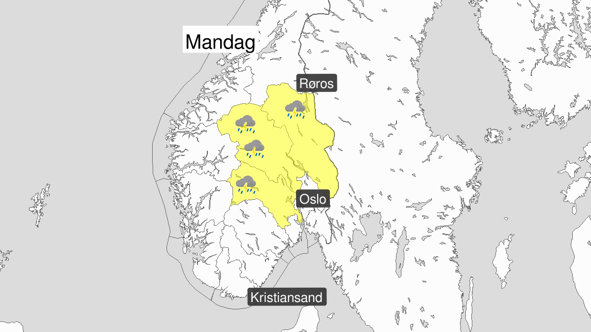 Heavy rainshowers, yellow level, Buskerud, Oppland and Hedmark, 05 August 12:00 UTC to 06 August 02:00 UTC.